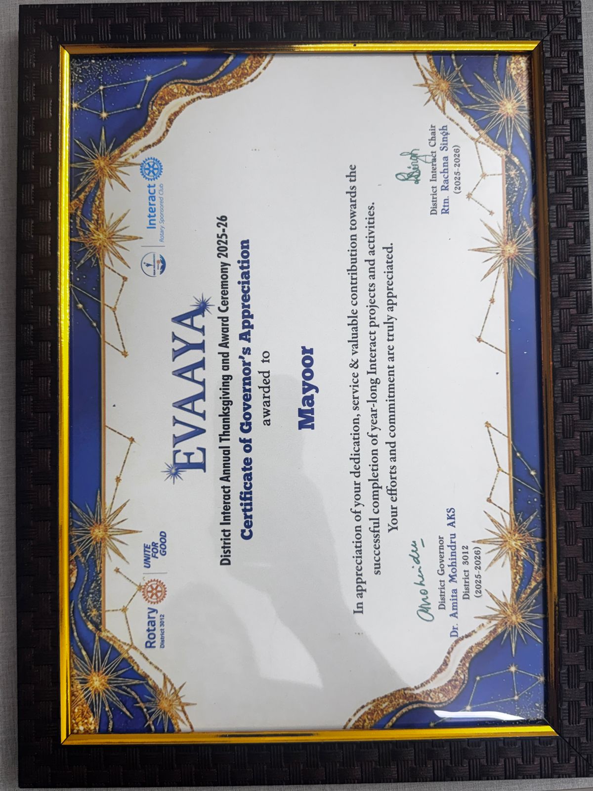 Interact Club Receives Celestial Honour Award